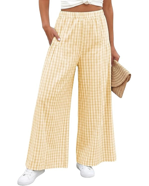 EVALESS Women's Wide Leg Palazzo Pants Casual Elastic High Waisted Cotton Gingham Plaid Culottes ... | Amazon (US)