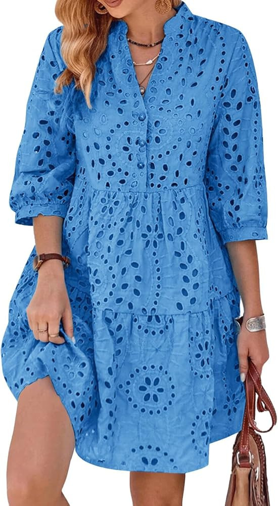 utcoco Women's 2025 Eyelet Lace Midi Dress V Neck Puff 3/4 Sleeve Button Tiered Sexy A Line Sun D... | Amazon (US)