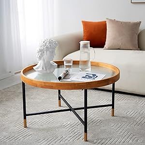 COZAYH Farmhouse Glass Coffee Table, Tempered Architectural Glass Top, Rubberwood Tray and Metal ... | Amazon (US)