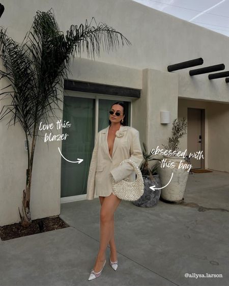 Neutral outfit, vacation outfit, oversized blazer, white heel, beach purse, chic style 

#LTKItBag #LTKShoeCrush #LTKSeasonal