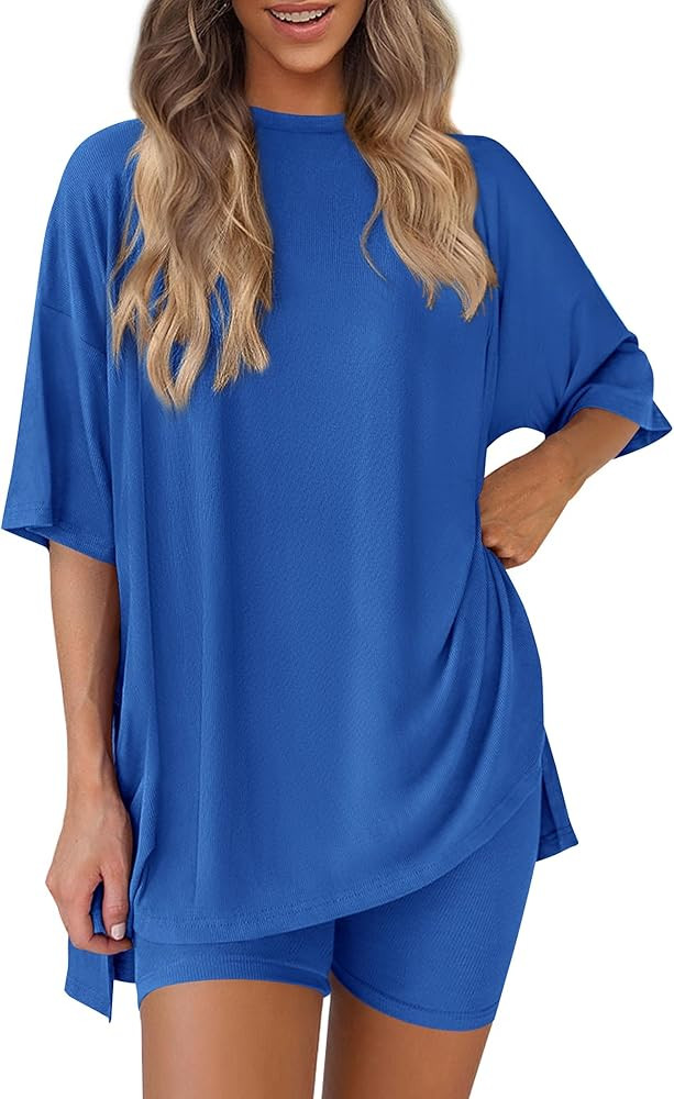 Amazon.com: PRETTYGARDEN Women 2 Piece Lounge Set 2026 Summer Casual Oversized Shirts Biker Short... | Amazon (US)