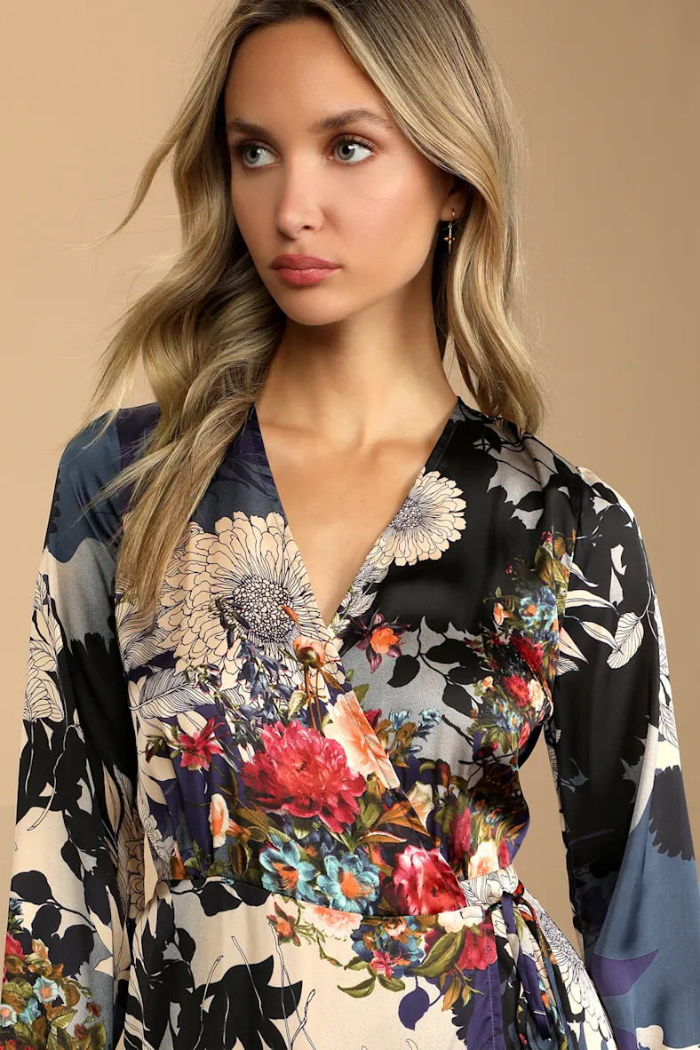 Put on a Smile Blue Floral Print Satin Wrap Maxi Dress | Lulus (US)