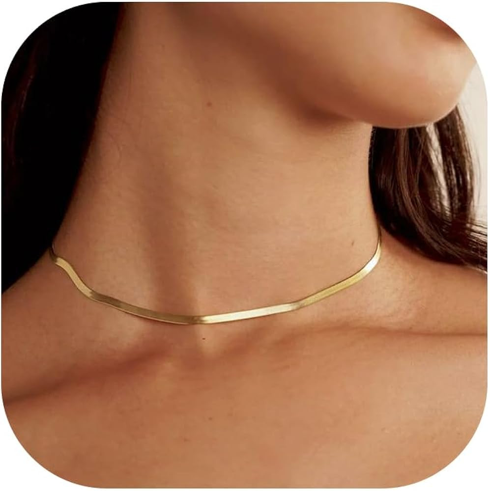 FOCALOOK 14K Gold Plated Necklaces for Women, Fashion Herringbone Choker Necklace Stainless Steel... | Amazon (US)
