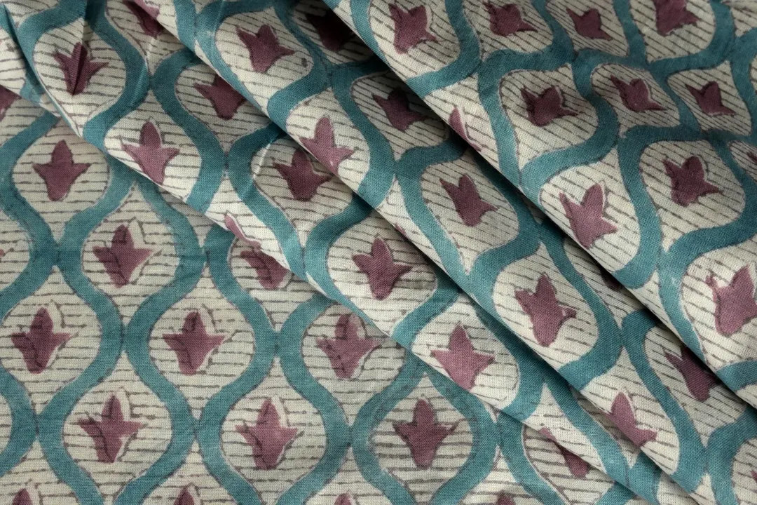 Abstract Block Print Cotton Fabric: Mauve & Turquoise Sewing Material | Etsy (US)