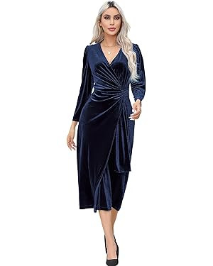 R.Vivimos Womens Velvet V Neck Wrap Dress Fall Winter Long Sleeve Waist Ruched Elastic Elegant Mi... | Amazon (US)