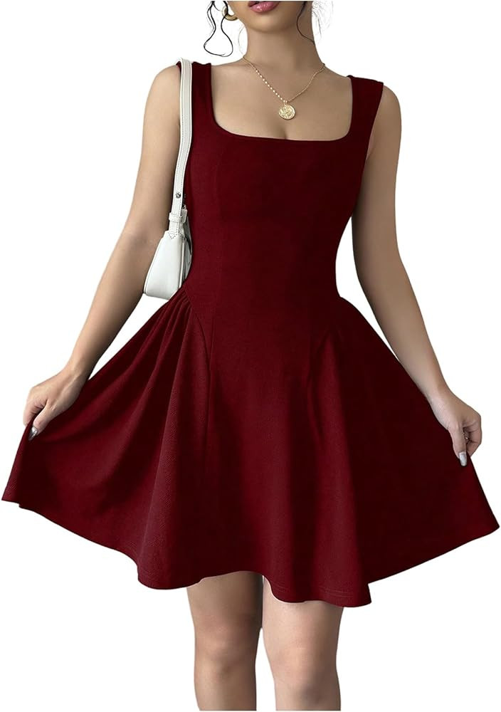 GORGLITTER Black Dress for Women A Line Sleeveless Swing Flared Square Neck Dress Ruffle Mini Tan... | Amazon (UK)