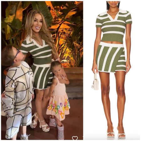 Lisa Hochstein’s Army Green and White Striped Collared Knit Shirt and Skirt Set 📸 = @lisahochstein