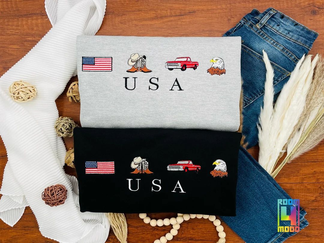 USA Embroidered Sweatshirt, United States, America, Crewneck, Flag, Cowboy Boots, Cowboy Hat, Cow... | Etsy (US)