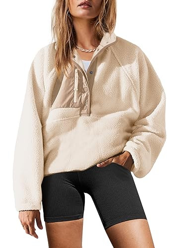 Yanekop Womens Fuzzy Fleece Pullover Sherpa Sweatshirt Long Sleeve Button Down Sweater Winter Fleece Jacket with Pockets(Beige,L) | Amazon (US)