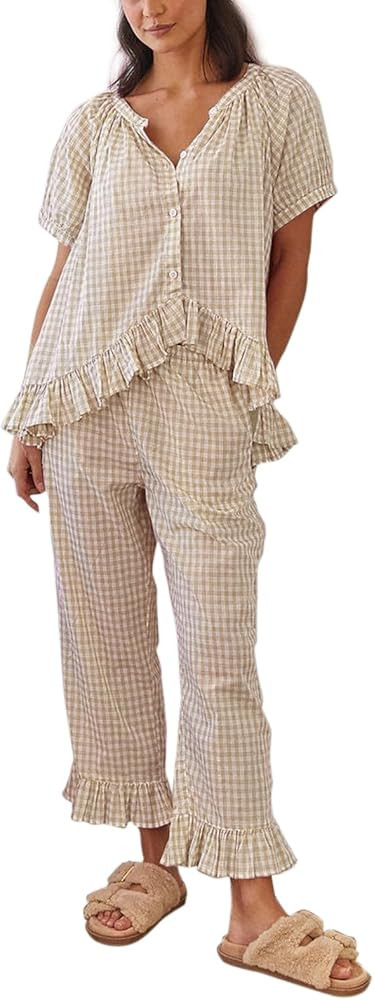 Argeousgor Women Plaid Pajama Sets 2 Piece Outfits Short Sleeve Button Down Shirt Ruffle Pants Pj... | Amazon (US)