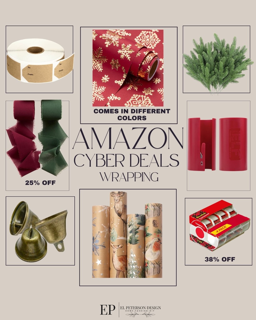 Amazon Cyber Deals
Wrapping
Ribbons
Wrapping paper cutter
Take
Sprigs
Bells
Wrapping paper 

#LTKFindsUnder50 #LTKCyberWeek #LTKFindsUnder100
