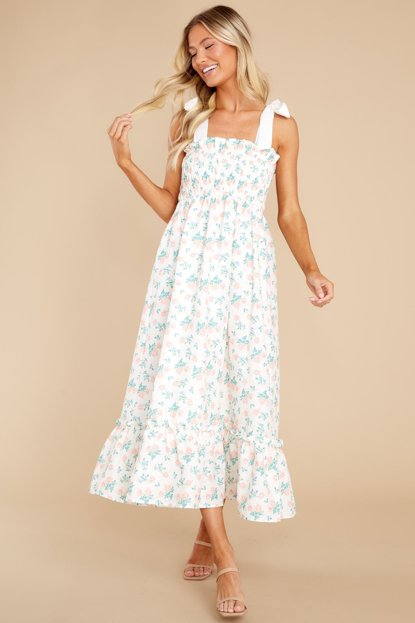 Camera Shy Peach Floral Print Cotton Midi Dress | Red Dress 