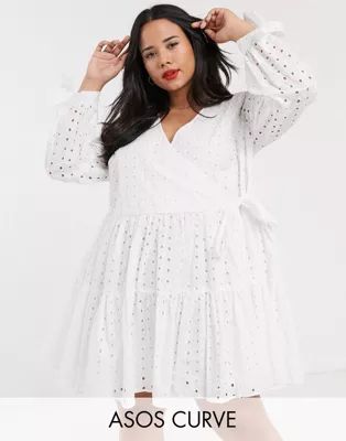 ASOS DESIGN Curve broderie wrap trapeze tiered mini dress in white | ASOS (Global)