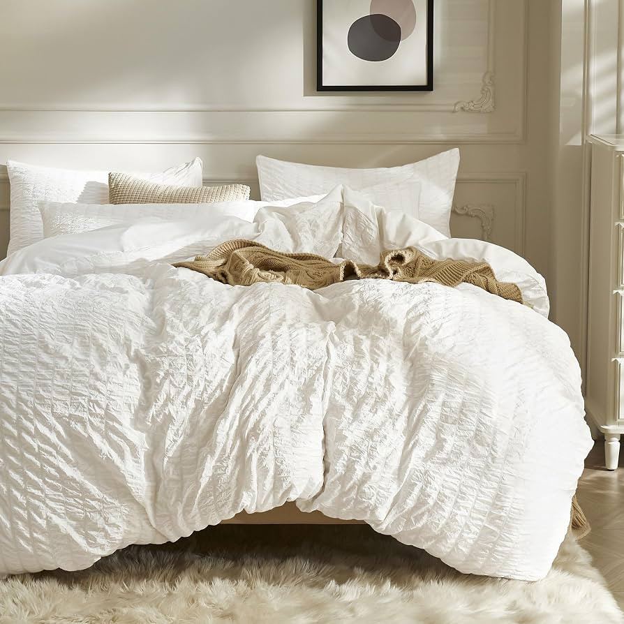 JELLYMONI White Duvet Cover Queen Size, 3pcs Washed Microfiber Bedding Set, Soft Breathable Seers... | Amazon (US)