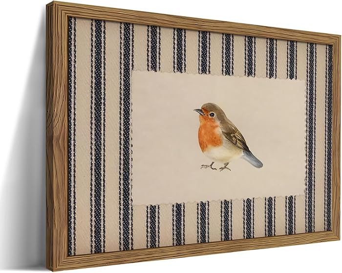Framed Robin Bird Wall Art, Striped Nature Watercolor Canvas Print, Country Farmhouse Wall Decor,... | Amazon (US)