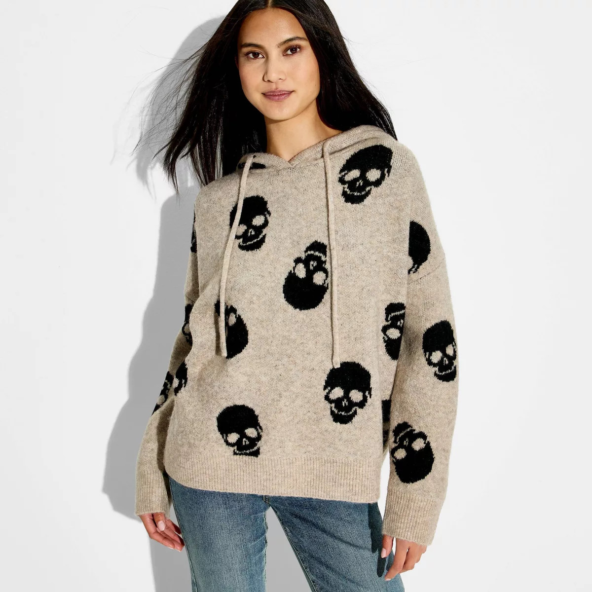 Women's Skulls Hooded Graphic Pullover Sweater - Beige XS | Target