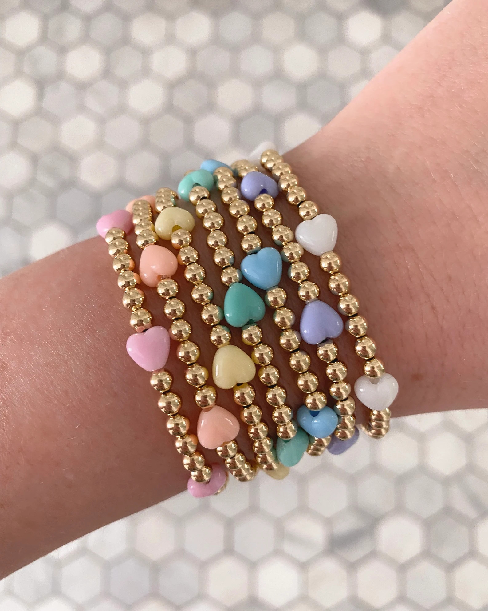 4mm 14k Gold Filled Beaded Bracelet With Bubble Pastel Hearts | Nostalgic Bracelets | Rainbow Bub... | Etsy (US)