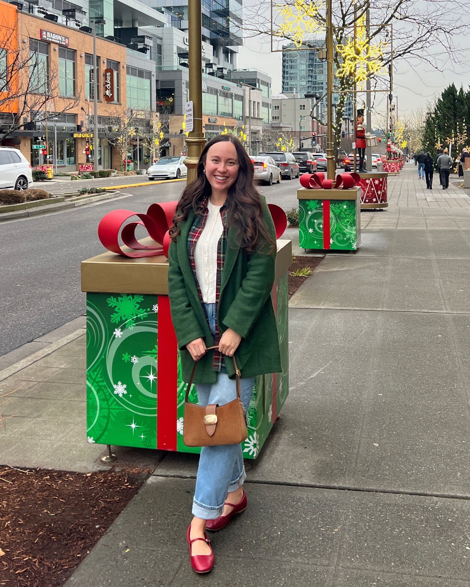Casual holiday outfit with red ballet flats!! I get so many compliment on these dolce vita mary jane shoes, and they’re so comfy 💘 Green top coat over a flannel and cream cardigan ✨

#LTKHoliday #LTKShoeCrush #LTKStyleTip