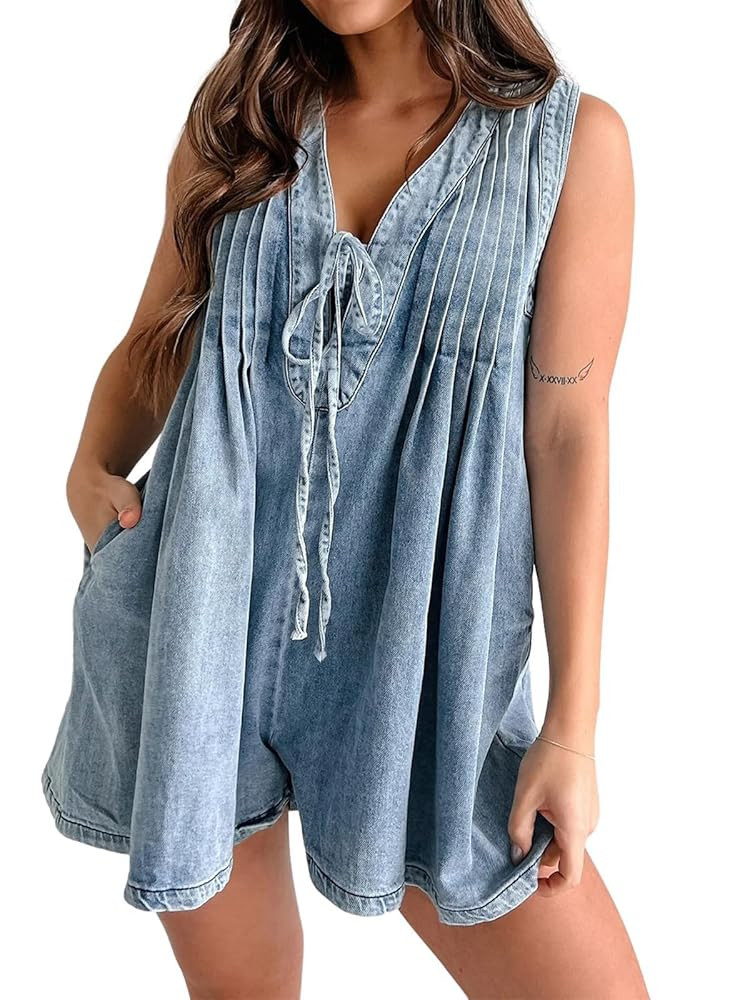utcoco Womens Summer Casual Sleeveless Denim Romper Tie Front V Neck Jean Overall Shorts Romper W... | Amazon (US)