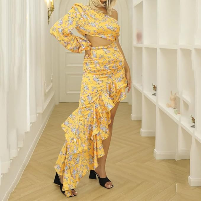 Women's One Shoulder Long Sleeve Cocktail Dress Sexy Side Slit Ruched Dresses Irregular Ruffle Pr... | Amazon (US)