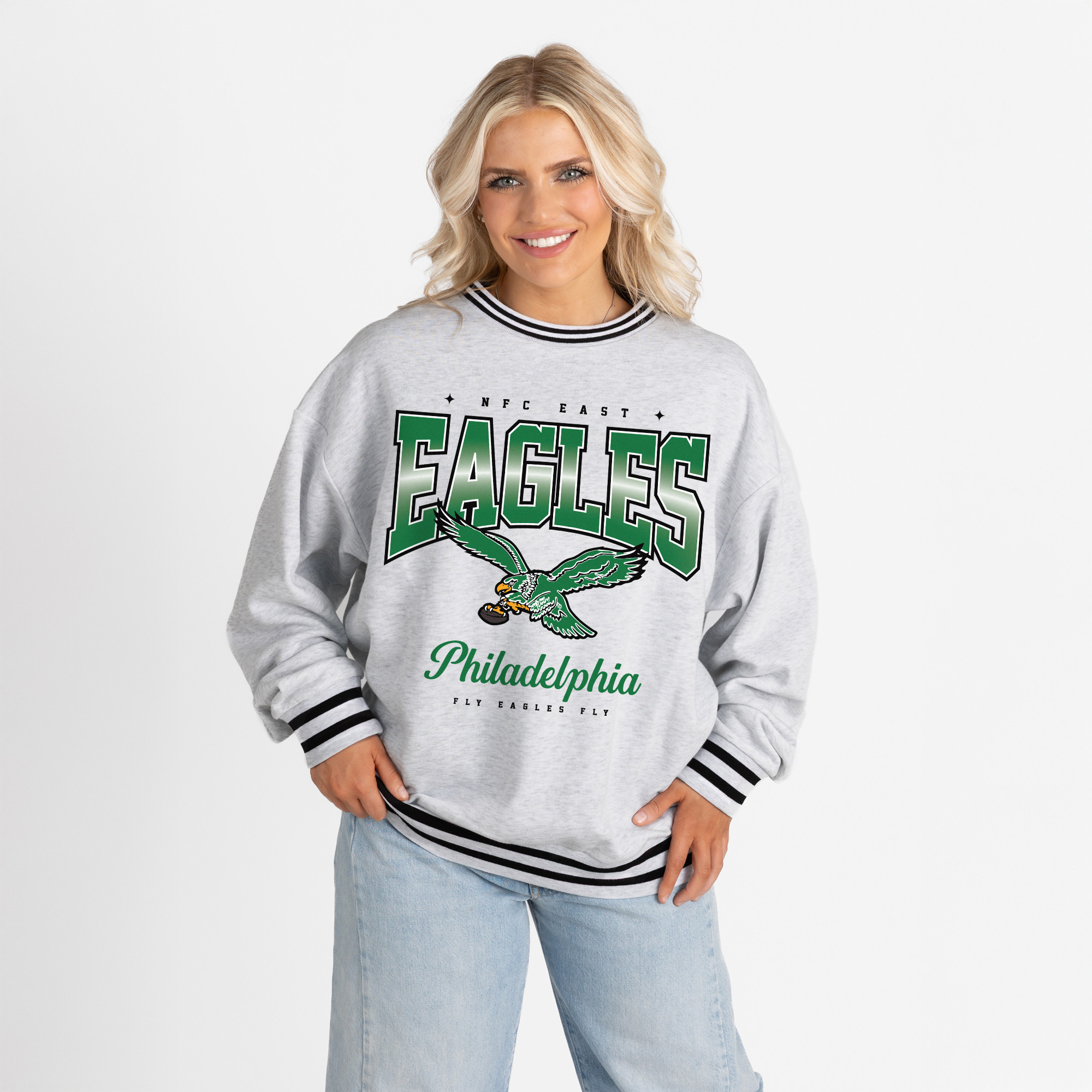 Women's Gameday Couture Ash/Black Philadelphia Eagles Oversized Gridiron Drive Ringer Stripe Sweatshirt | Fanatics