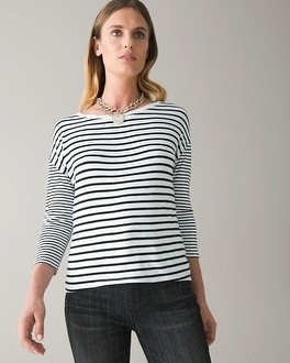 Petite Striped 3/4-Sleeve Drop Shoulder Tee | White House Black Market