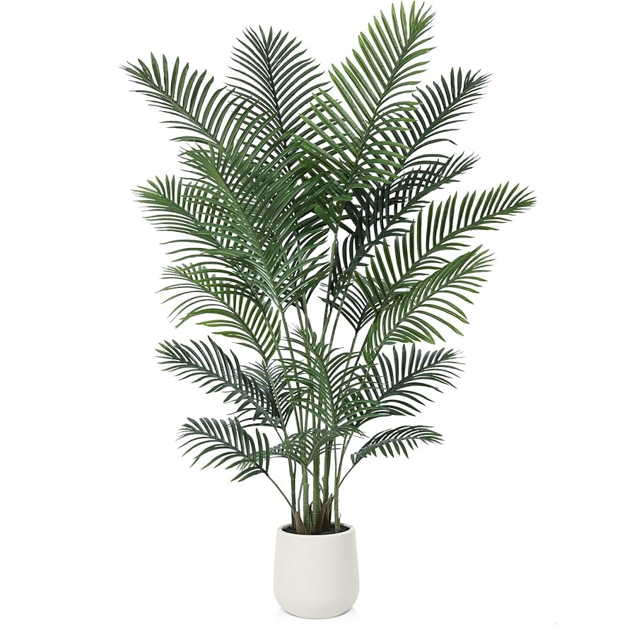 Artificial Palm Tree 6FT, Tall Fake Plant with White Planter, Faux Tropical Palm Tree Fake Moss f... | Amazon (US)