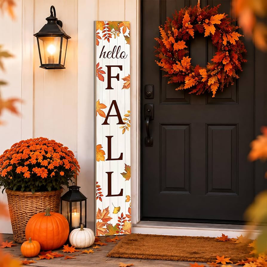 HELLO FALL Porch Sign, 47.2 Inch Wooden Vertical Sign, Maple Leaf Decor | Amazon (US)