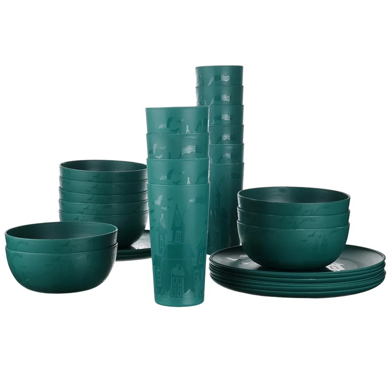 Mainstays 30-Piece Plastic Etched Haunted House Dinnerware Set, Teal | Walmart (US)