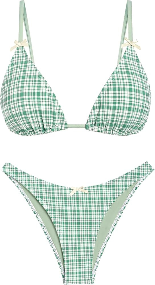 seamoly Women's Bikini Sets Tie Back Bowknot Two Piece Swimsuits Triangle Thong Bathing Suit Ging... | Amazon (US)