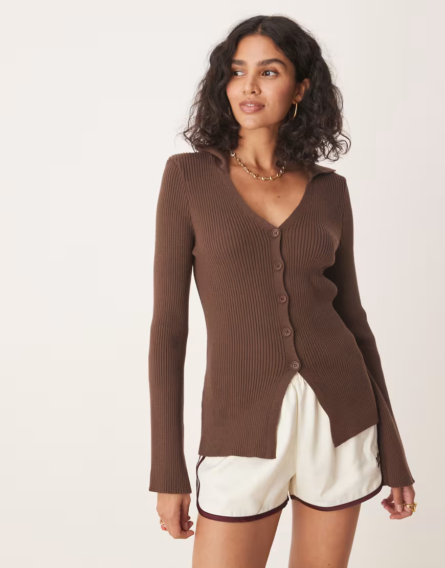 ASOS DESIGN longline collared cardigan in chocolate-Brown | ASOS (Global)