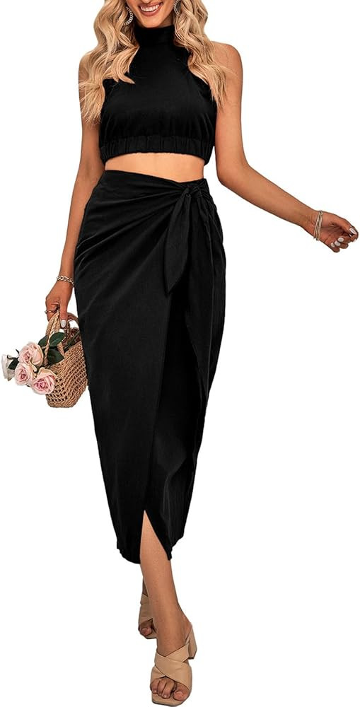 Dokotoo Womens Sets 2 Piece Outfits Halter Neck Front Split Matching Sets Elastic Waist Skirt Set... | Amazon (US)