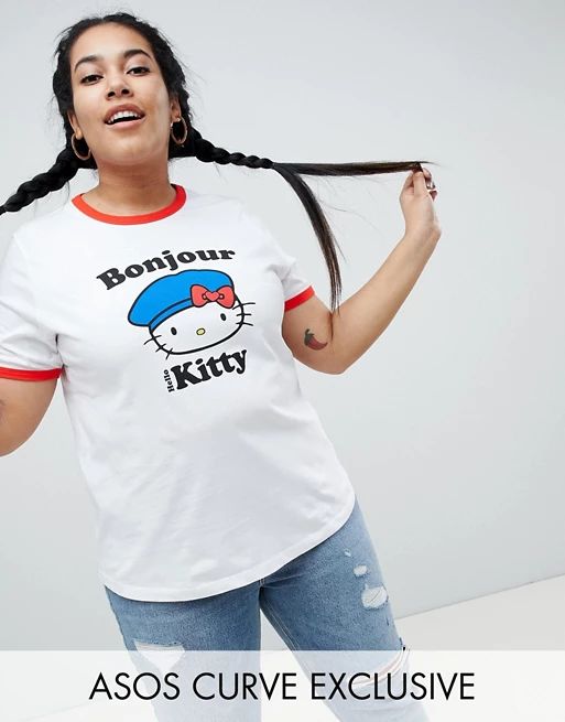 Hello Kitty x ASOS CURVE Ringer T-Shirt With Bonjour Print | ASOS US