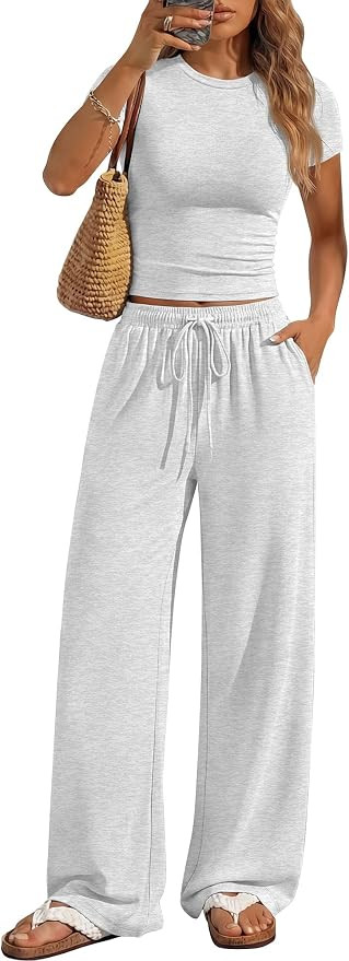 ANRABESS Women's 2 Piece Summer Matching Lounge Sets Wide Leg Pants Ruched Crop Tops Sweatsuits S... | Amazon (US)