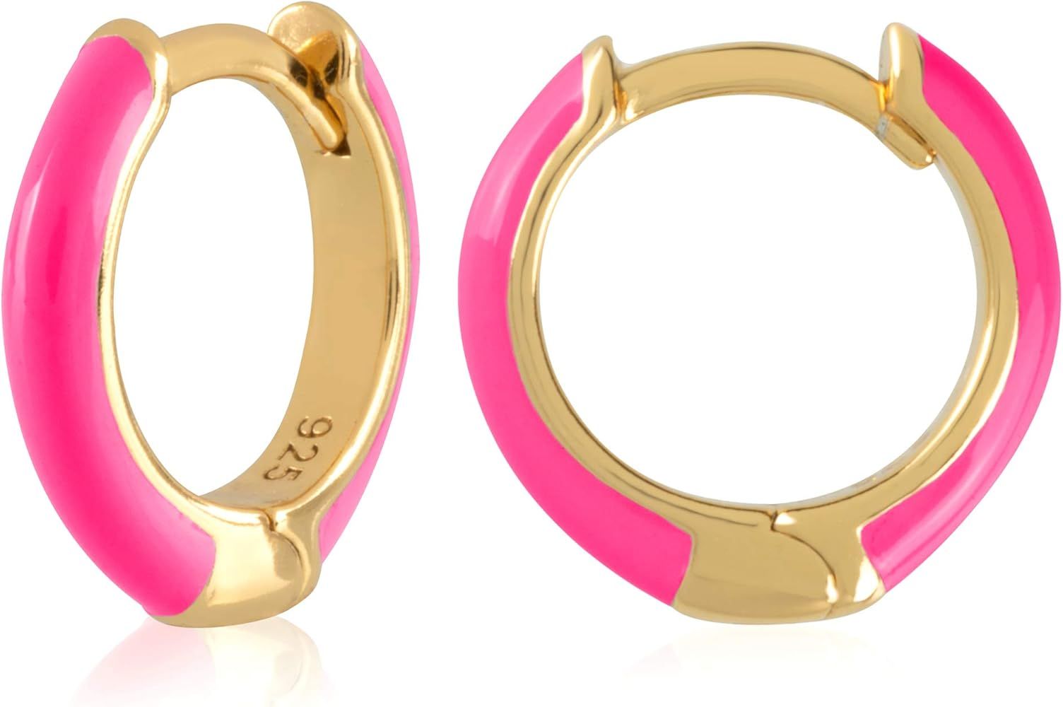 14K Gold Plated Sterling Silver Enamel Color Huggie Hoop Earrings for Women – Wide Range of Vibrant  | Amazon (US)
