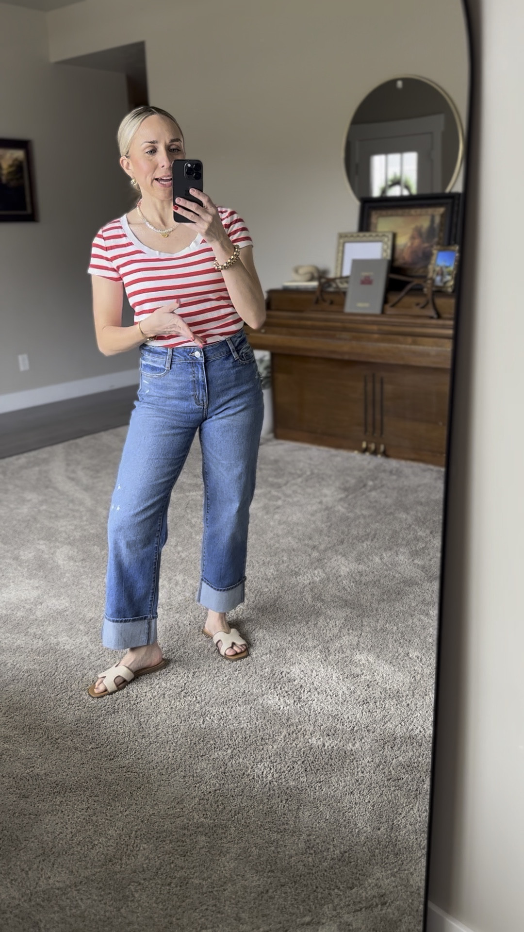 Cute Target striped tee! Target sandals and WALMART jeans. I LOVE these jeans and they are under $30. I would order your true to size in everything. 

#LTKWatchNow #LTKStyleTip #LTKFindsUnder50