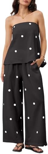 Women 2 Piece Polka Dot Tube Top Set Strapless Bandeau Blouse Wide Leg Spot Print Pants Outfits S... | Amazon (US)