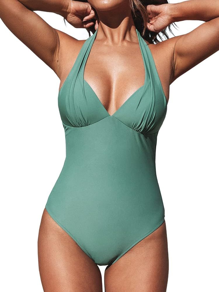 CUPSHE Women's Halter One Piece Swimsuit Tummy Control Flattering Mid Cut Bathing Suit | Amazon (US)