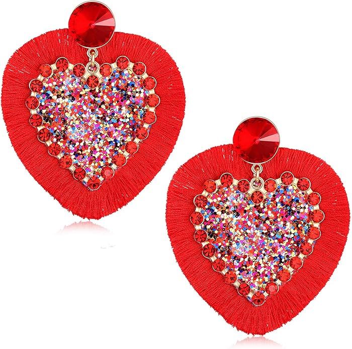 NLCAC Heart Earrings for Women Statement Red Crystal Rhinestone Heart Dangle Valentines Day Earri... | Amazon (US)
