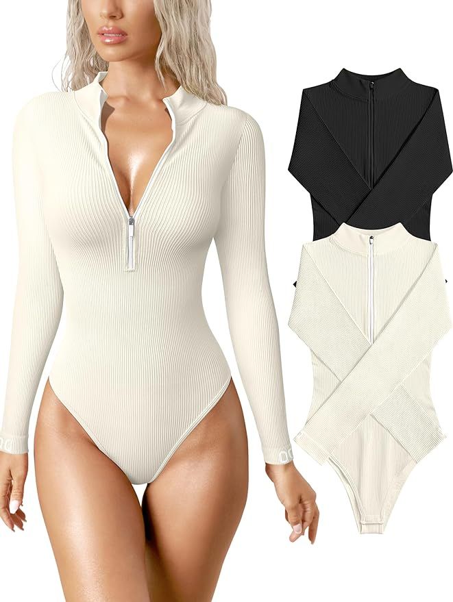 OQQ Women's 2 Piece Bodysuits Sexy Ribbed One Piece Zip Front Long Sleeve Tops Bodysuits | Amazon (US)