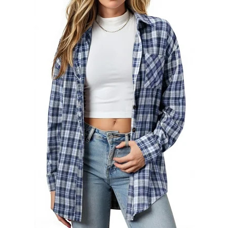 Fantaslook Plaid Shirts for Women Button Down Flannel Shirts Casual Loose Long Sleeve Blouses Tops | Walmart (US)