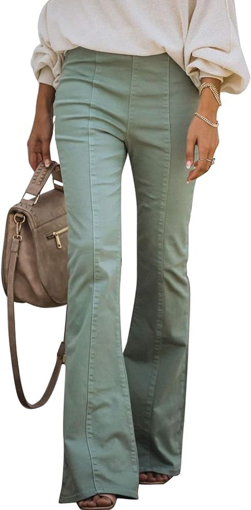 Sidefeel Women Destroyed Flare Jeans Elastic Waist Bell Bottom Raw Hem Denim Pants | Amazon (US)