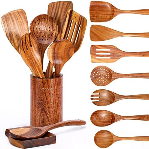 9 Piece Natural Teak Wooden Kitchen Utensil Set with Spoon Rest - Comfort Grip Cooking Spoons and... | Amazon (US)
