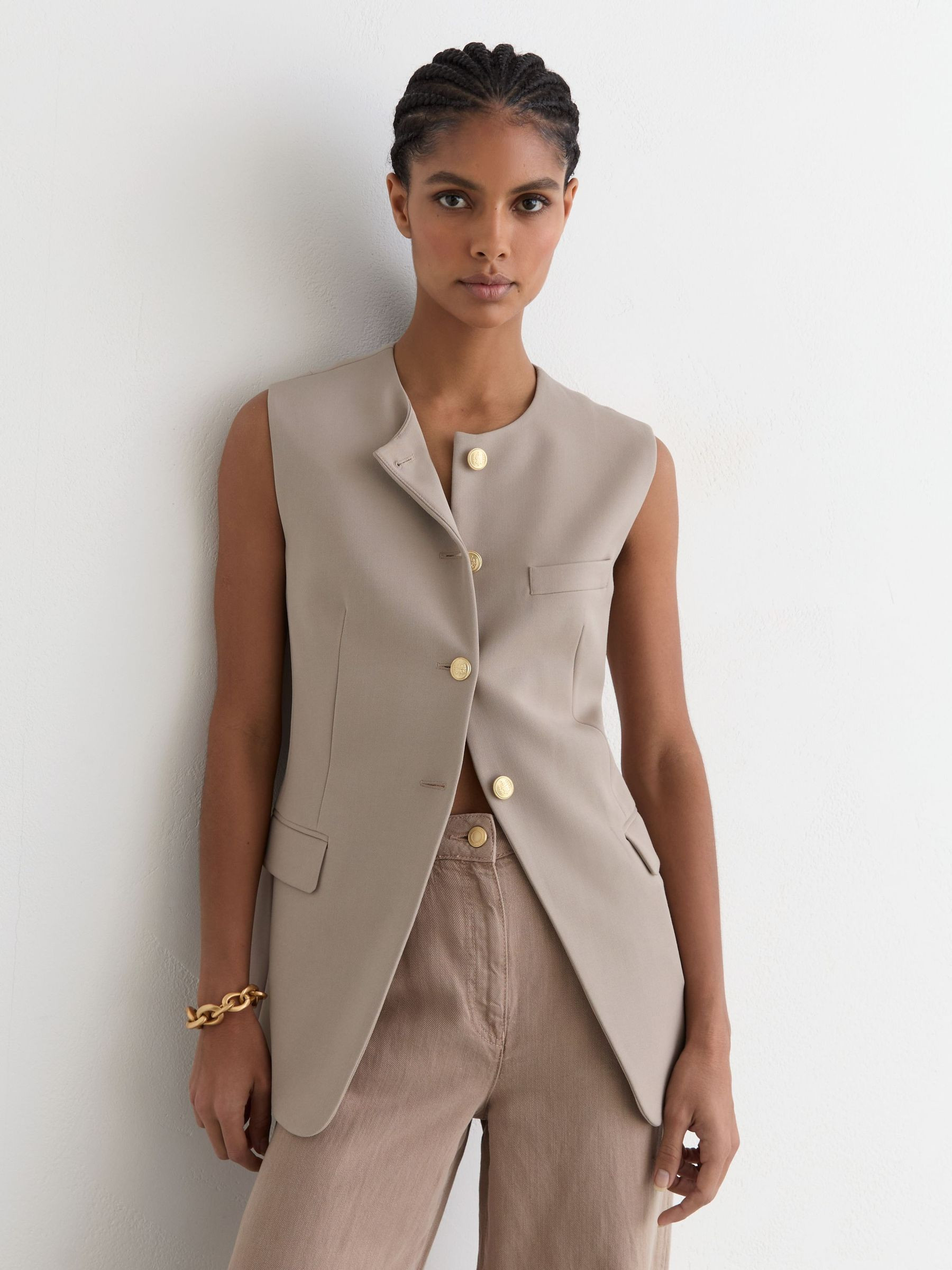 Reiss Button-Through Longline Waistcoat in Stone Neutral - REISS | Reiss UK