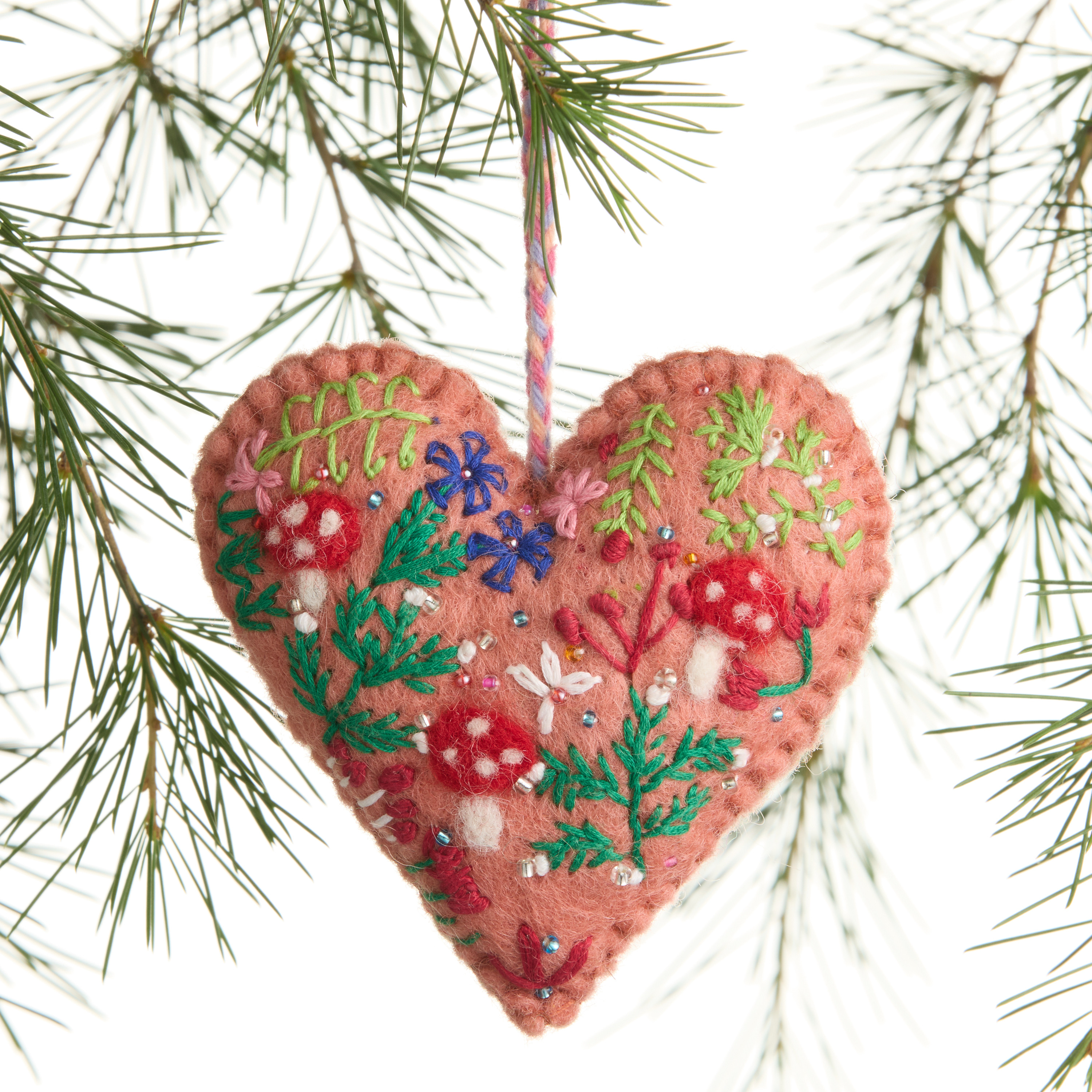 Pink Embroidered Wool Heart Ornament | World Market