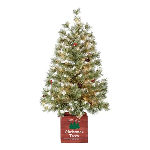 Holiday Time Pre-Lit Porch Christmas Tree in Wood Pot, White Lights, Green Color, 3.5’ | Walmart (US)