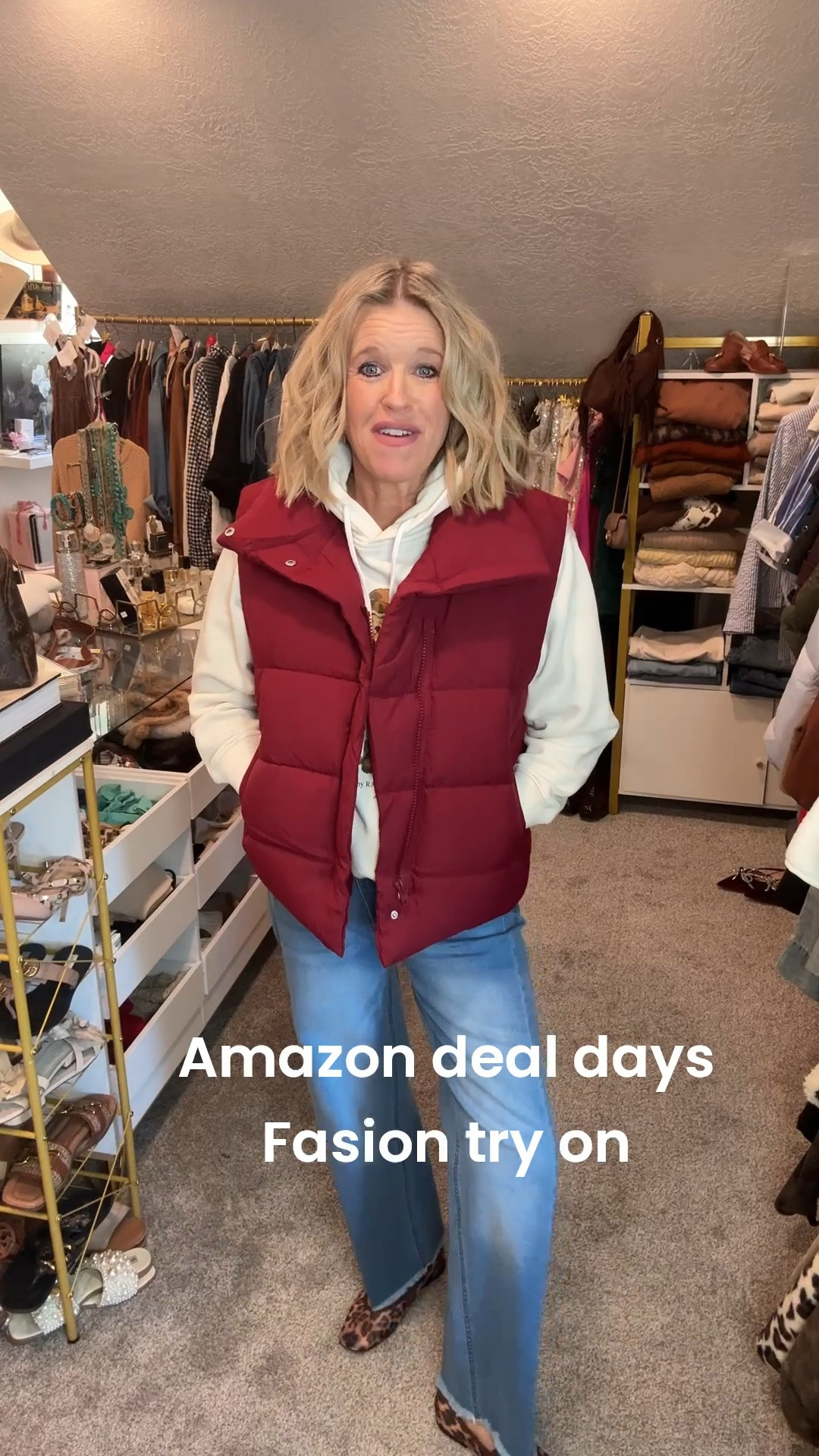 Amazon Deal Days 
Try on…

This cute puffer vest is so good
Comes in several colors tts 
The quality is thick and looks expensive 
Fits tts and on sale 

You asked … I am giving options under $50 jeans and these cross over front detail wide leg raw hem jeans at so good at arounaround d $40
Wearing a med in both

Sale leopaleopard rd Mary Jane’s tts

Teddy sweatshirt (sorry not on sale) wearing a small