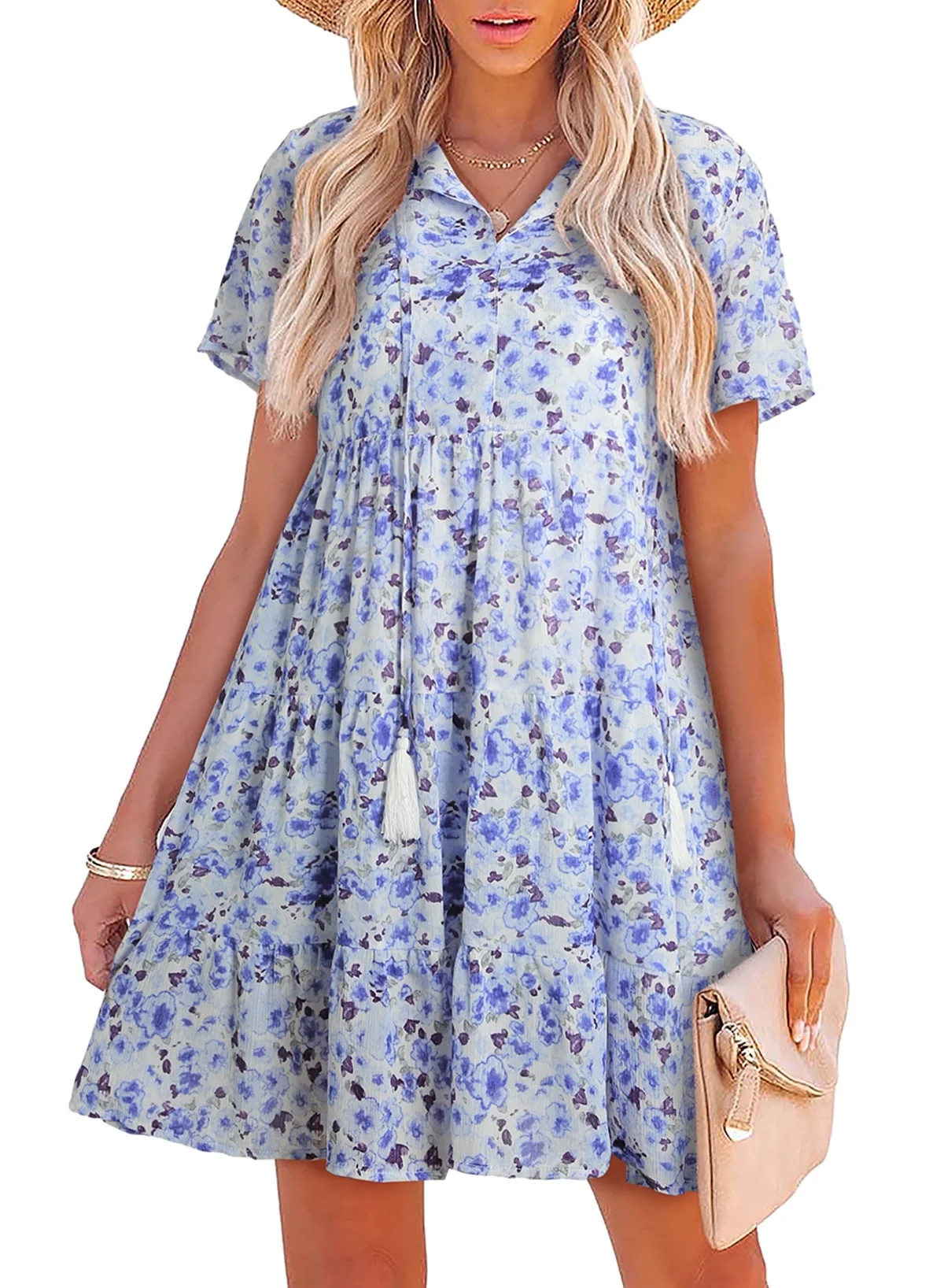 Dokotoo Womens Mini Dresses Summer Boho Floral Tunic Dresses Casual V Neck Short Sleeve Ruffle He... | Walmart (US)