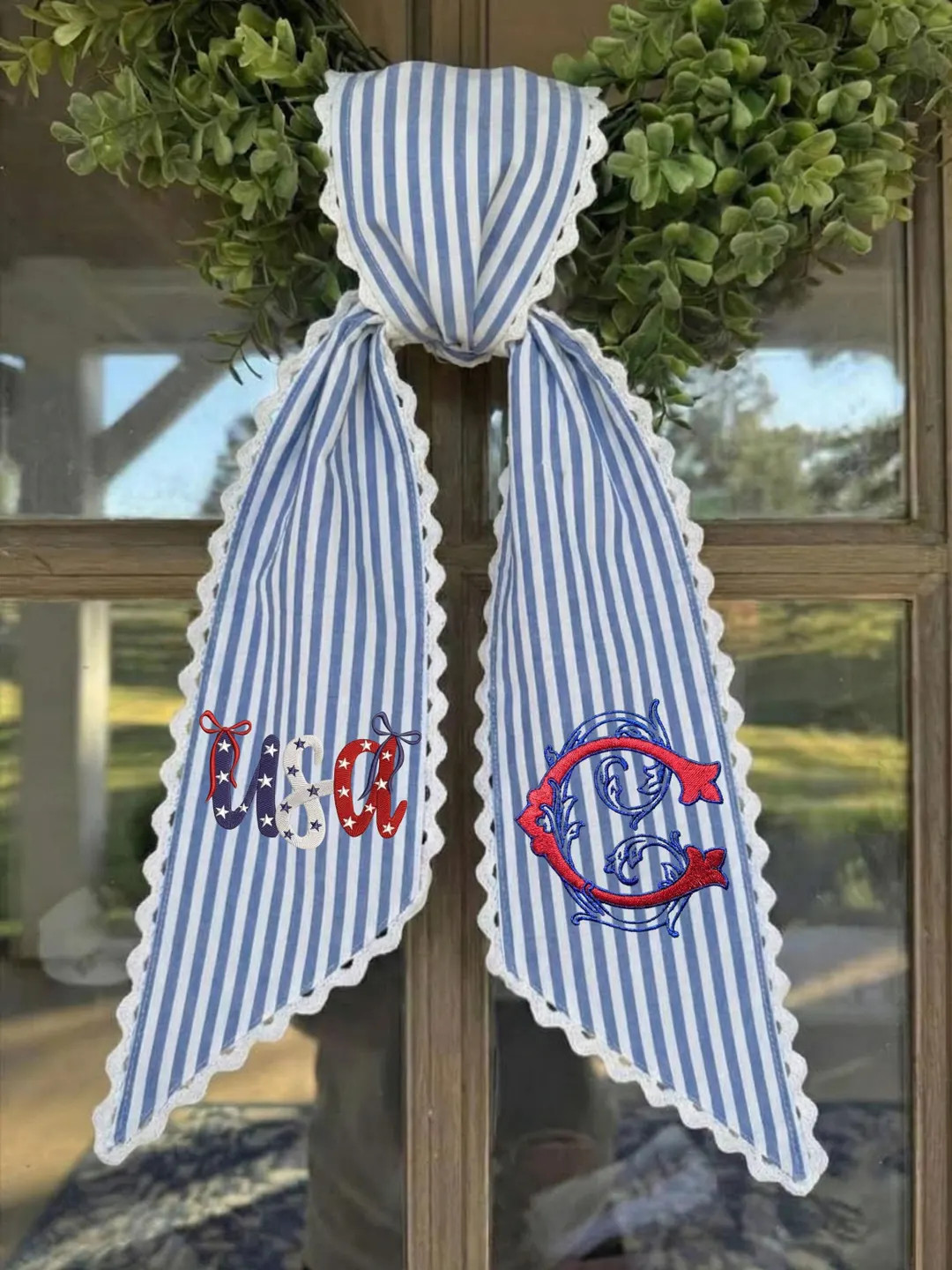 Custom Monogram Patriotic Wreath Sash, Embroidered USA Flag Bow, 4th of July Bow, Housewarming Gi... | Etsy (Global)