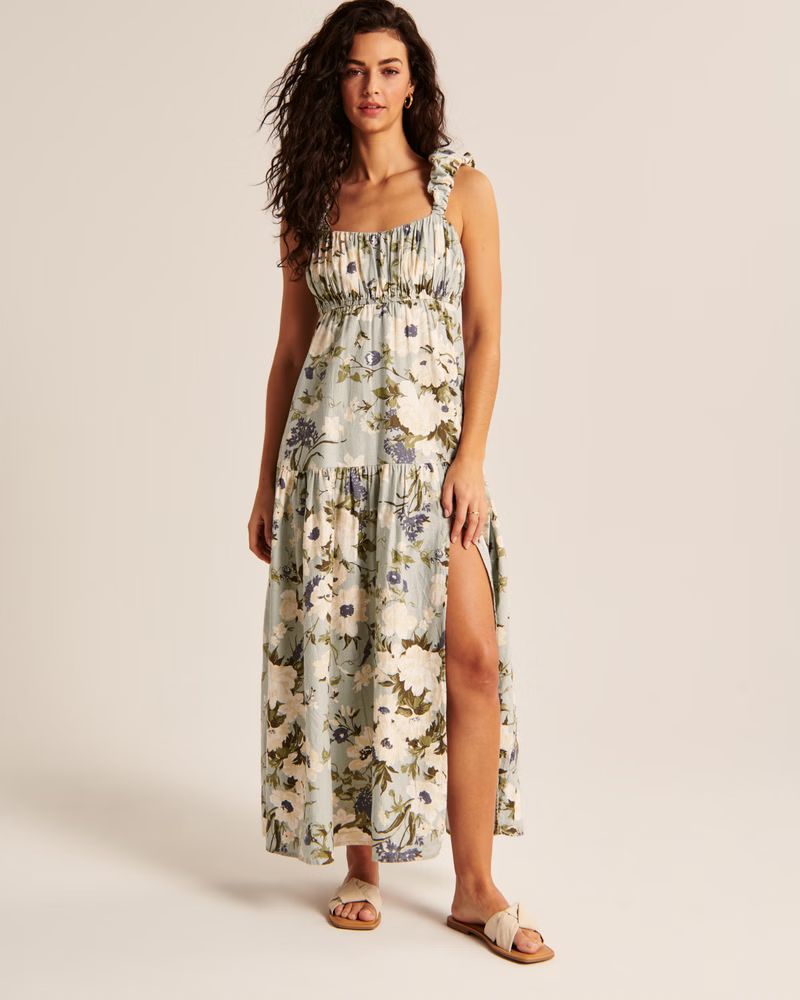 Puff Strap Ruched Midi Dress | Abercrombie & Fitch (US)